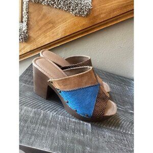 C comfort patchwork Blue m Brown Peep Toe Chunky Block Heel Mules 11